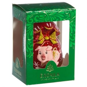 Стеклянная елочная игрушка Подарок - Свинья 8.5 см красный, подвеска Фабрика Елочка фото 2