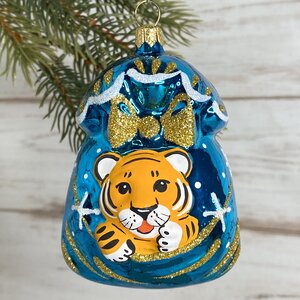 Стеклянная елочная игрушка Подарок - Тигр 8.5 см синий, подвеска