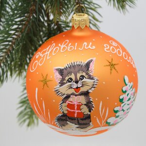 Стеклянный елочный шар Котенок 9 см оранжевый матовый