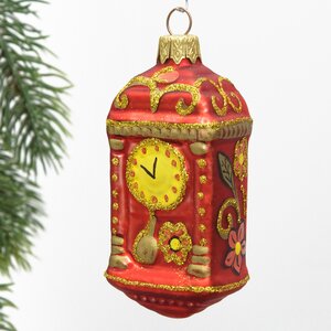 Стеклянная елочная игрушка Часы с маятником - Золотая Хохлома 11 см, подвеска