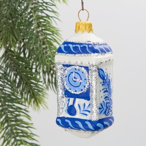 Стеклянная елочная игрушка Часы с маятником - Гжельские Узоры 9 см синие с белым, подвеска