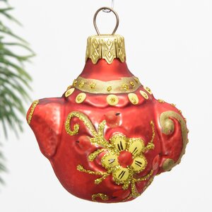 Стеклянная ёлочная игрушка Чайник - Золотая Хохлома 6 см, подвеска Коломеев фото 1