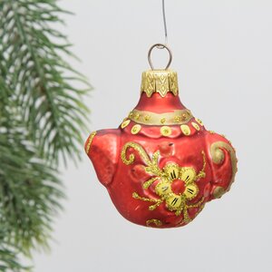 Стеклянная ёлочная игрушка Чайник - Золотая Хохлома 6 см, подвеска