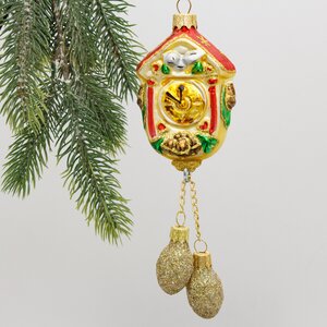 Стеклянная елочная игрушка Часы с кукушкой 22 см, подвеска
