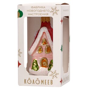 Стеклянная елочная игрушка Домик с елочками 10 см розовый, подвеска Коломеев фото 3
