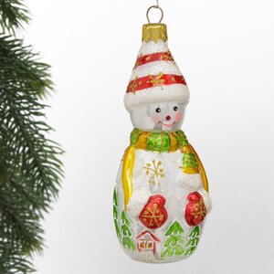 Стеклянная елочная игрушка Снеговик Фреджи 14 см, подвеска Коломеев фото 1