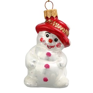 Стеклянная елочная игрушка Снеговичок Эдмунд в шляпке 9 см, подвеска Коломеев фото 1