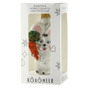 Стеклянная елочная игрушка Зайчик Уильям с морковкой 7 см, подвеска Коломеев фото 2