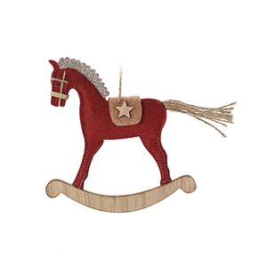 Деревянная елочная игрушка Лошадка-качалка Линда 15 см, красная, подвеска