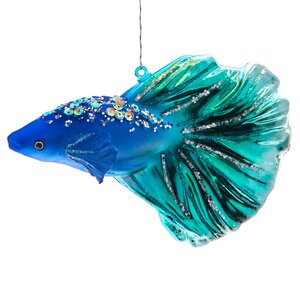 Стеклянная елочная игрушка Рыбка Анжуйской Династии 13 см, голубая, подвеска