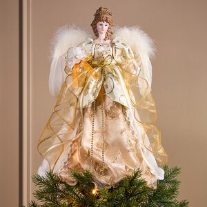 Верхушка на елку Ангел Шарлиз в платье с золотыми лентами 43 см