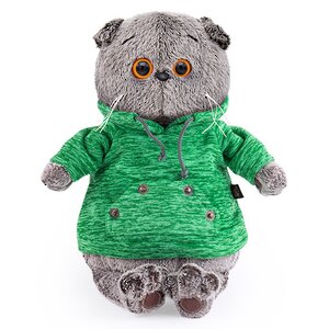 Мягкая игрушка Кот Басик в зеленой толстовке с карманом-кенгуру