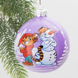 Стеклянный елочный шар Тигренок и Снеговик - Christmas Joy 80 мм фиолетовый Коломеев фото 1