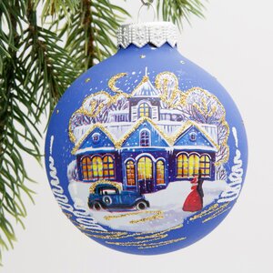 Стеклянный елочный шар Рождественская ночь 80 мм, синий матовый Коломеев фото 1