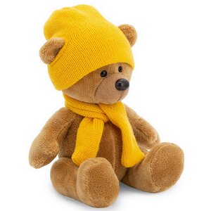Мягкая игрушка Медведь Топтыжкин коричневый 17см с желтым шарфом и шапкой, Оранжевый Эксклюзив