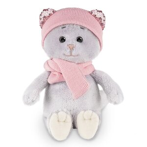 Мягкая игрушка Кошка Мышель в розовом шарфе и шапочке 20 см