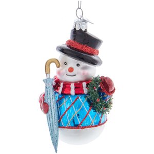 Стеклянная елочная игрушка Снеговик Юлиан в голубом свитере 10 см, подвеска