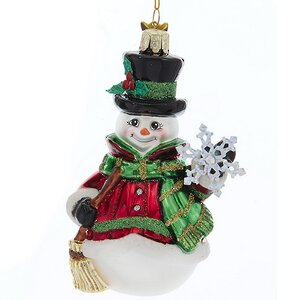 Стеклянная елочная игрушка Снеговик Скромняга со снежинкой 13 см, подвеска