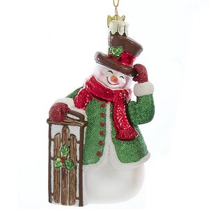 Стеклянная елочная игрушка Снеговик Весельчак с санками 13 см, подвеска