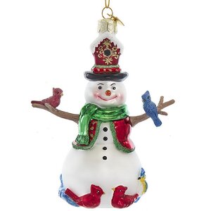 Стеклянная елочная игрушка Снеговик - Лесной любимец 13 см, подвеска