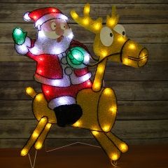 Светящееся панно Санта на олене 61*67 см, холодные белые LED, на подставке, IP44