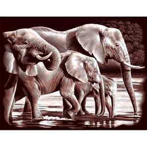 Гравюра медная Слоны на водопое