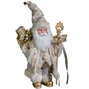 Дед Мороз в кремово-золотой шубе, золотых сапогах и длинном колпачке 30 см