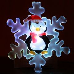Светящееся украшение на присоске Снежинка с Пингвином 10 см, RGB на батарейке Snowhouse фото 1
