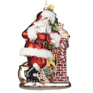 Стеклянная елочная игрушка Санта с котиком 19 см, подвеска