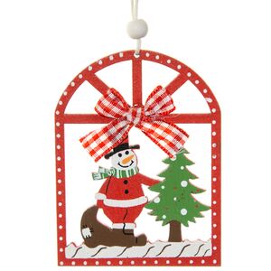 Деревянная елочная игрушка Снеговик у елочки 8 см красная, подвеска Breitner фото 3