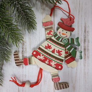 Деревянная елочная игрушка Снеговик Дункан в расписном костюме 14 см, подвеска