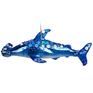 Стеклянная елочная игрушка Акула Молот синяя, подвеска