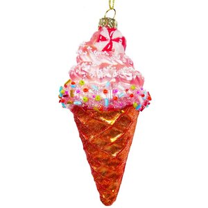 Стеклянная елочная игрушка Мороженое - Pink Confetti, подвеска