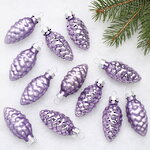Набор стеклянных елочных игрушек Шишки 6 см лавандовый mix, 12 шт