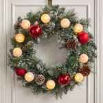 Венок с лампочками Kaprun Red заснеженный 45 см, 10 теплых белых LED ламп, таймер, на батарейках, ЛЕСКА + ПВХ