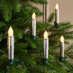 Свечи на елку Acogedora Noche 11 см серебряные, 10 шт, теплые белые LED лампы, на клипсе, пульт управления, таймер, на батарейках, IP20