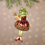 Стеклянная елочная игрушка Леди Квакша с подарком 15 см