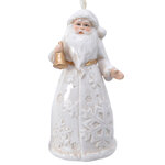 Фарфоровая елочная игрушка Санта в белоснежном кафтане с колокольчиком 10 см, подвеска