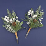 Хвойная ветка White Romano 22 см с ягодами и шишками, 2 шт, ЛИТАЯ + ЛЕСКА