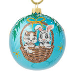 Стеклянный елочный шар Зодиак - Кот и Кролик в корзинке 85 мм бирюзовый