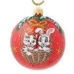 Стеклянный елочный шар Зодиак - Кот и Кролик в корзинке 85 мм красный