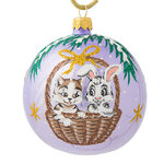 Стеклянный елочный шар Зодиак - Кот и Кролик в корзинке 85 мм сиреневый
