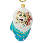 Стеклянная елочная игрушка Кот в рукавичке 8 см бирюзовая, подвеска
