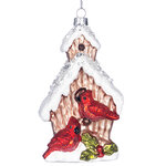 Стеклянная елочная игрушка Домик Кардиналов - Birds at Home 13 см